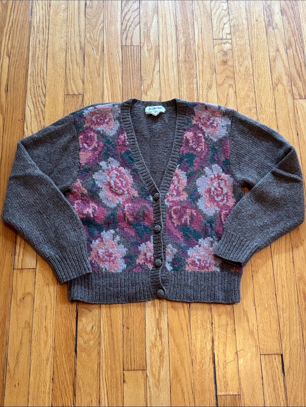 JH Collectibles wool Cardigan with Pink Rose Jacquard pattern size medium vintag